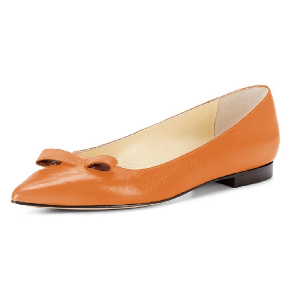 XYD Women Cute Bow Knot Flats Closed Pointed Toe Stacked Heel Flat Orange Shoes